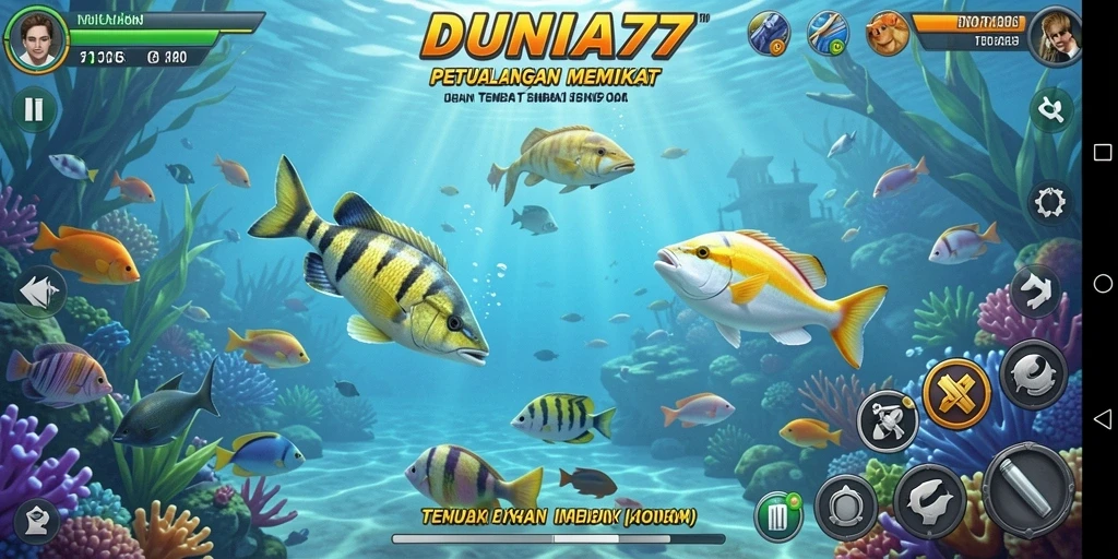 Tangkapan layar DUNIA77 menampilkan aksi seru menembak ikan.