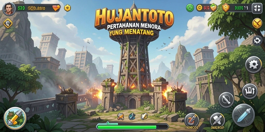 Screenshot utama HUJANTOTO menampilkan aksi pertahanan menara yang mendebarkan.