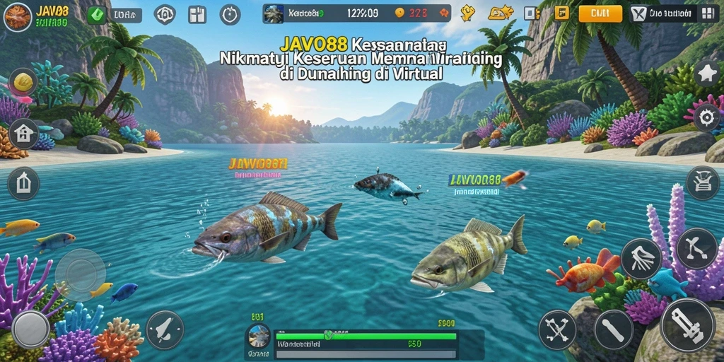 Screenshot gameplay <strong>JAVO88</strong> menampilkan aksi seru memancing di laut.
