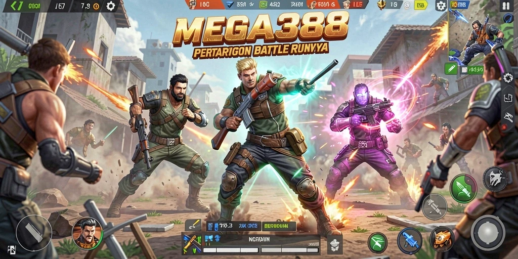 Screenshot utama MEGA388 menampilkan aksi seru dalam pertempuran Battle Royale.