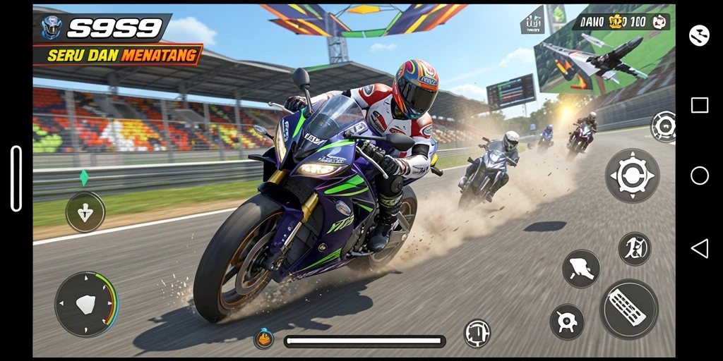 Screenshot S9S9 menampilkan adegan balapan motor yang mendebarkan.