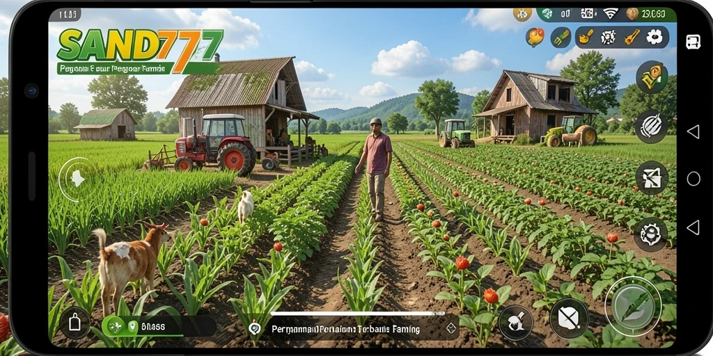 Screenshot gameplay SAND77 menampilkan aktivitas bertani yang dinamis.