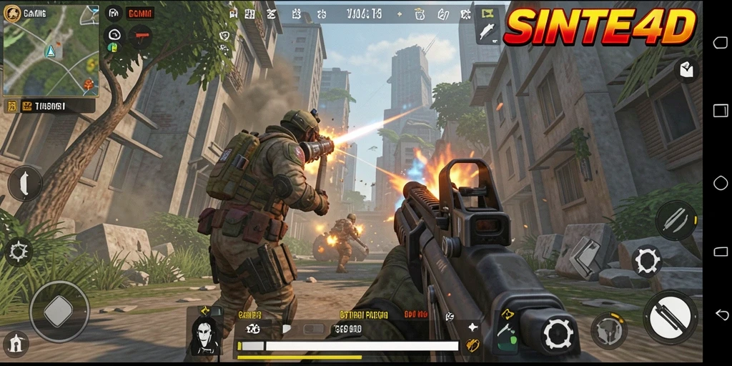 Tampilan gameplay menegangkan di SINTE4D dengan aksi seru di medan pertempuran.