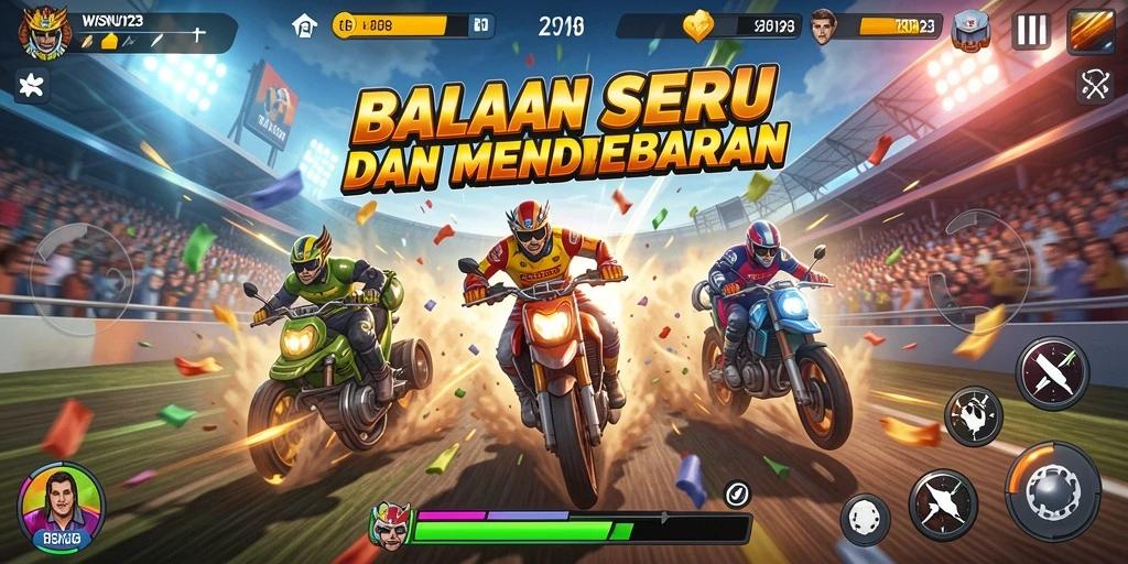 Screenshot utama WISNU123 menampilkan aksi balapan yang mendebarkan.